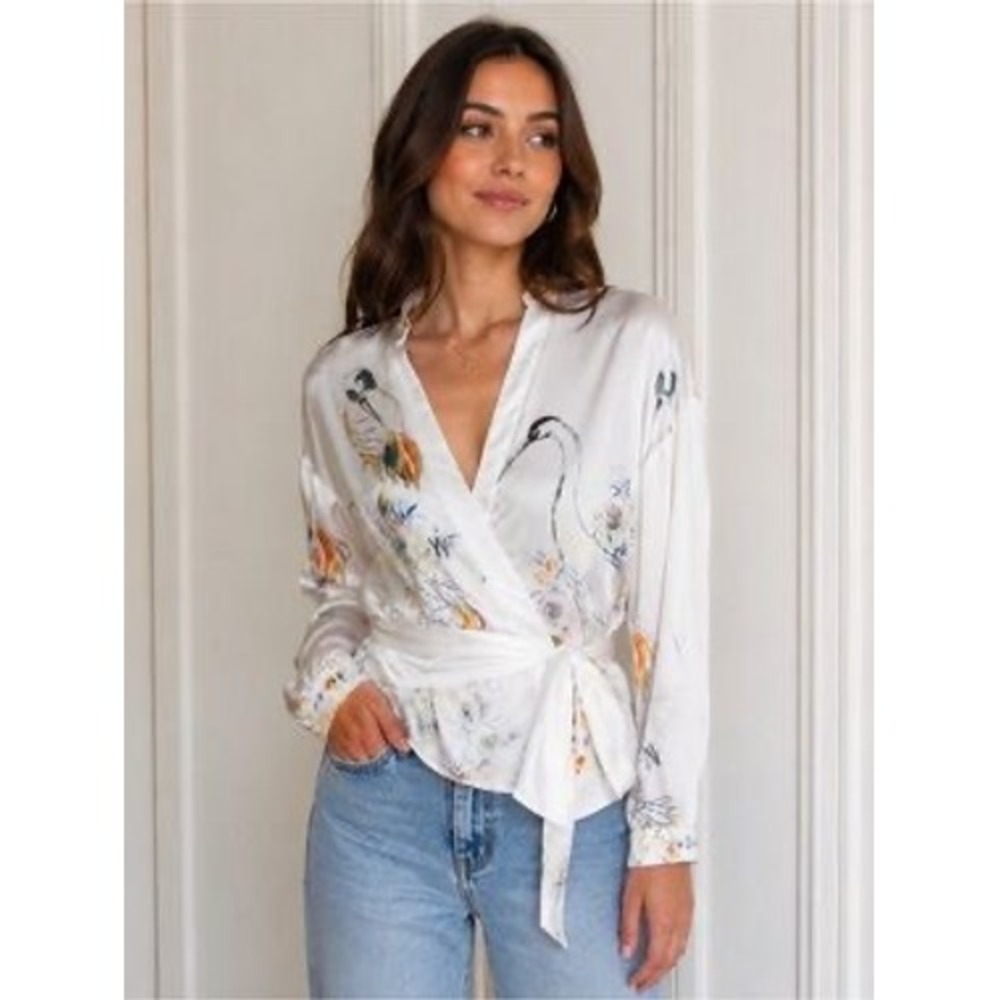 Zara Women's Size Small True Wrap Blouse White Crane Japanese Floral Orange Long